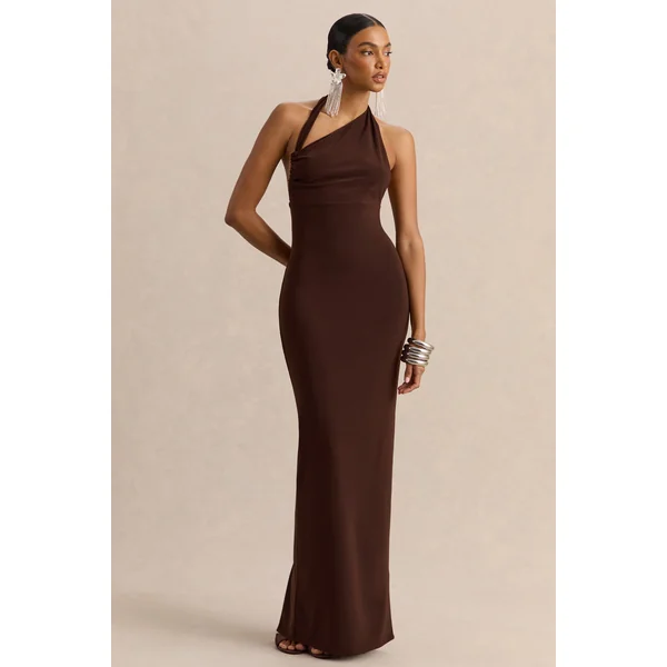 Delisse | Robe longue marron à encolure asymétrique