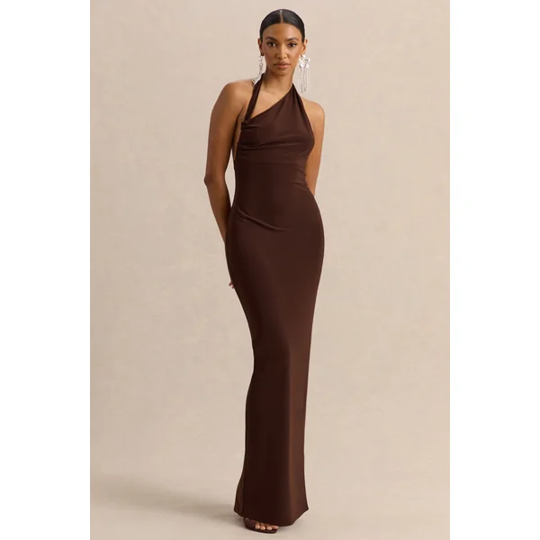 Delisse | Robe longue marron à encolure asymétrique