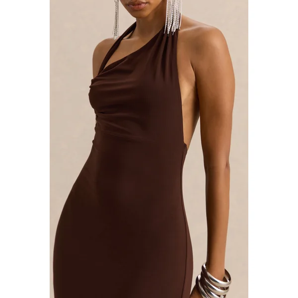 Delisse | Robe longue marron à encolure asymétrique