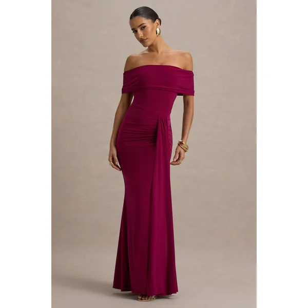 Delma | Robe longue rouge bordeaux à col Bardot et portefeuille