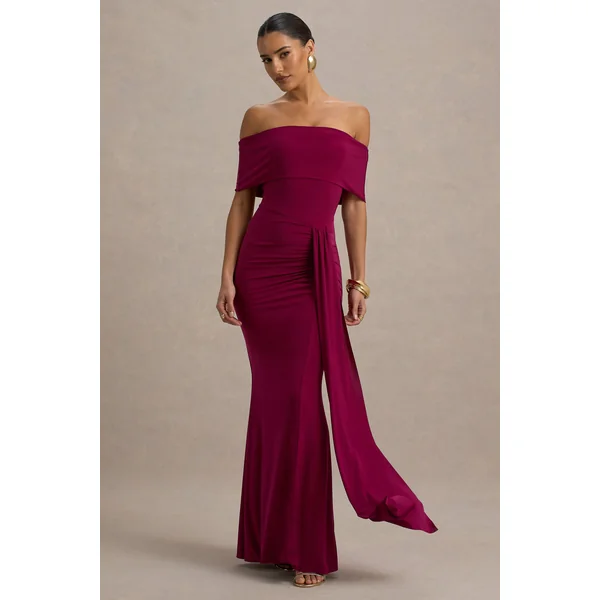 Delma | Robe longue rouge bordeaux à col Bardot et portefeuille