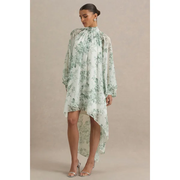 Delphia | Robe Longue à Col Montant avec Ourlet Asymétrique et Imprimé Porcelaine Vert