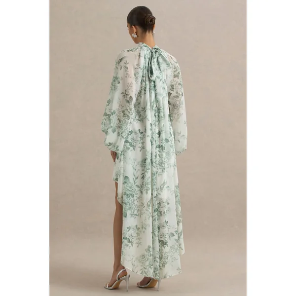 Delphia | Robe Longue à Col Montant avec Ourlet Asymétrique et Imprimé Porcelaine Vert