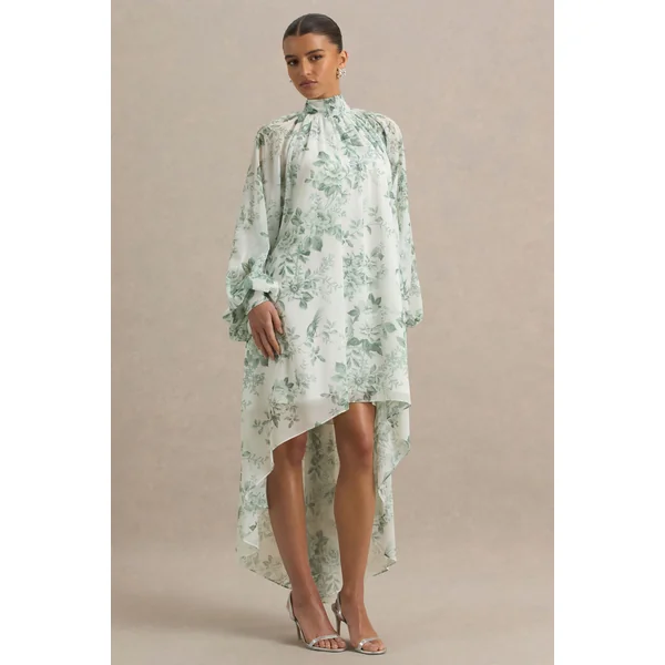 Delphia | Robe Longue à Col Montant avec Ourlet Asymétrique et Imprimé Porcelaine Vert