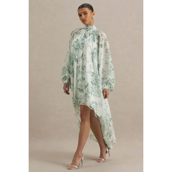 Delphia | Robe Longue à Col Montant avec Ourlet Asymétrique et Imprimé Porcelaine Vert