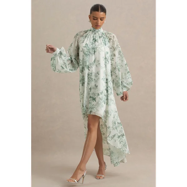 Delphia | Robe Longue à Col Montant avec Ourlet Asymétrique et Imprimé Porcelaine Vert