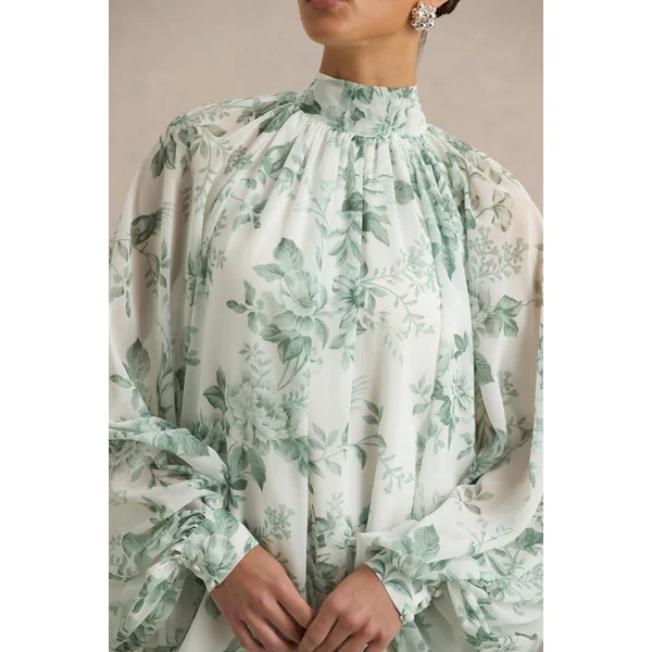 Delphia | Robe Longue à Col Montant avec Ourlet Asymétrique et Imprimé Porcelaine Vert
