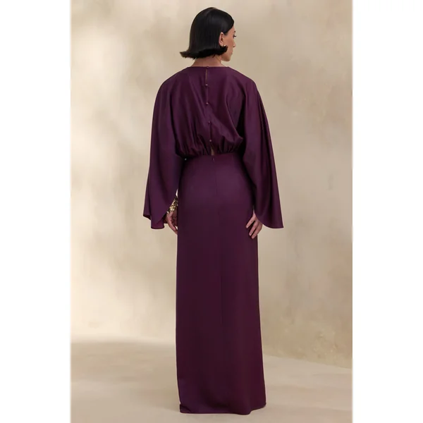 Delphina | Robe longue prune en satin avec détails froncés et nœud