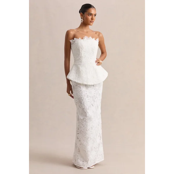 Delvine | Robe longue en dentelle blanche à corset bandeau