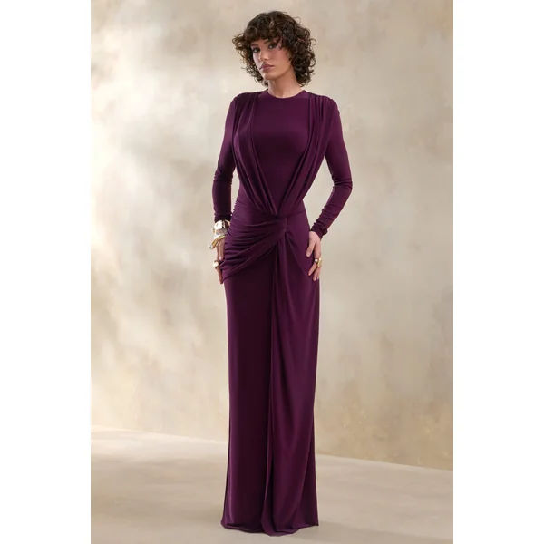 Desirelle | Robe longue prune à encolure ronde avec détails froncés