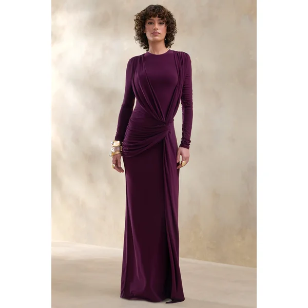 Desirelle | Robe longue prune à encolure ronde avec détails froncés