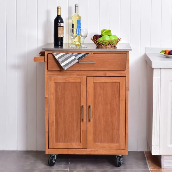 Desserte Chariot de Cuisine en Acier Inoxydable Tiroir Large 2 Portes Roues Universelles avec Frein Naturel