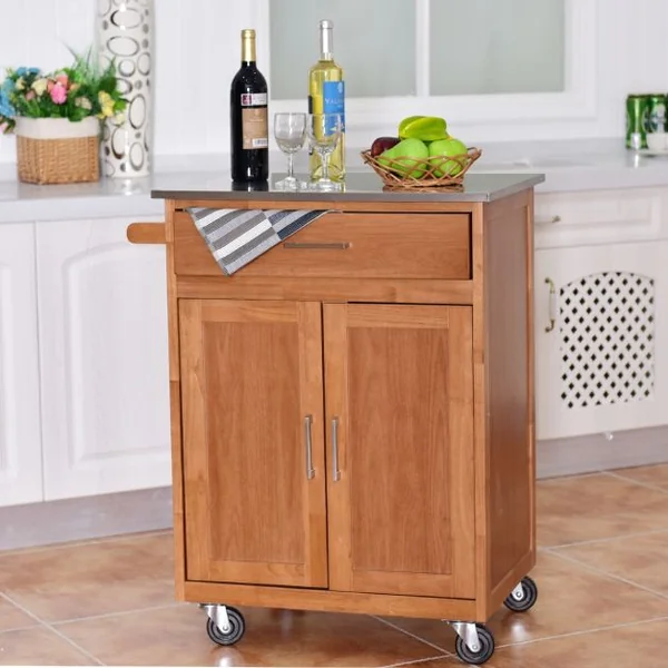 Desserte Chariot de Cuisine en Acier Inoxydable Tiroir Large 2 Portes Roues Universelles avec Frein Naturel