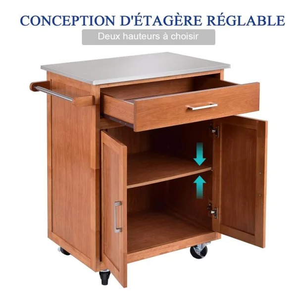 Desserte Chariot de Cuisine en Acier Inoxydable Tiroir Large 2 Portes Roues Universelles avec Frein Naturel