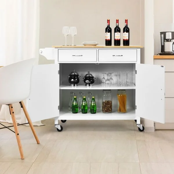 Desserte Cuisine avec 2 Tiroirs et Placard îlot Chariot de Cuisine à Roulettes avec Étagère Réglable/Porte-serviettes Blanc