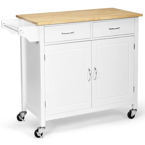 Desserte Cuisine avec 2 Tiroirs et Placard îlot Chariot de Cuisine à Roulettes avec Étagère Réglable/Porte-serviettes Blanc