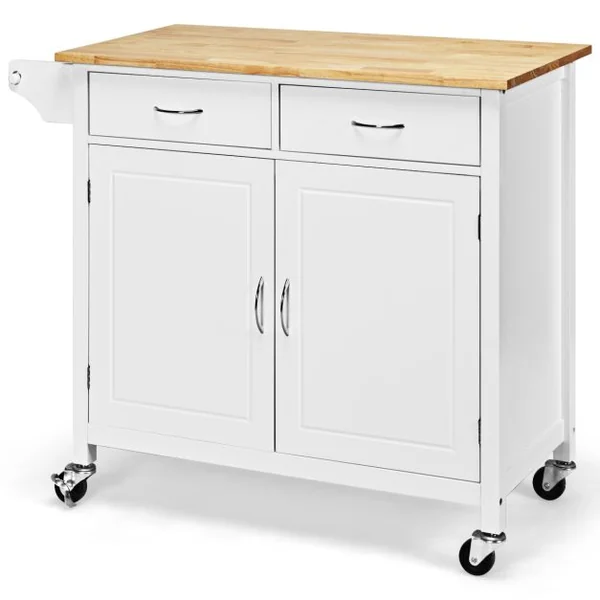 Desserte Cuisine avec 2 Tiroirs et Placard îlot Chariot de Cuisine à Roulettes avec Étagère Réglable/Porte-serviettes Blanc