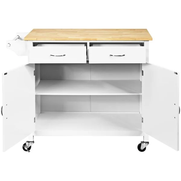 Desserte Cuisine avec 2 Tiroirs et Placard îlot Chariot de Cuisine à Roulettes avec Étagère Réglable/Porte-serviettes Blanc