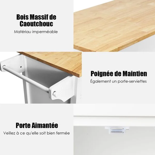 Desserte Cuisine avec 2 Tiroirs et Placard îlot Chariot de Cuisine à Roulettes avec Étagère Réglable/Porte-serviettes Blanc