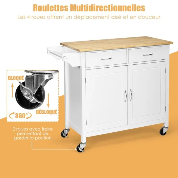 Desserte Cuisine avec 2 Tiroirs et Placard îlot Chariot de Cuisine à Roulettes avec Étagère Réglable/Porte-serviettes Blanc