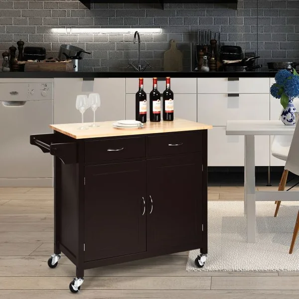 Desserte Cuisine avec 2 Tiroirs et Placard îlot Chariot de Cuisine à Roulettes avec Étagère Réglable/Porte-serviettes Marron
