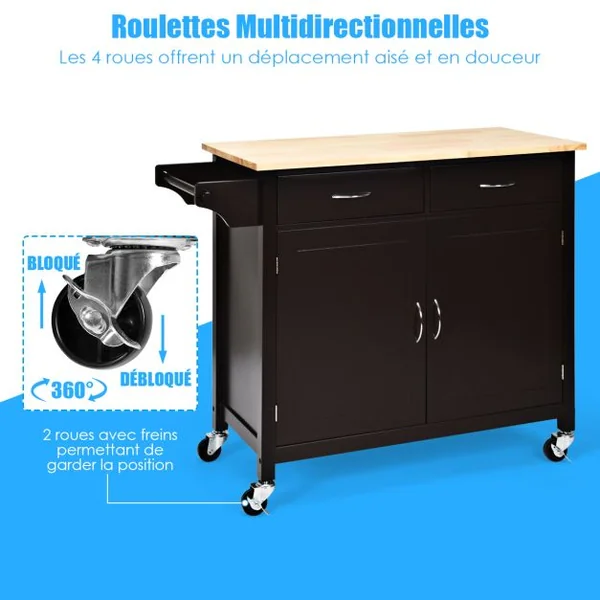Desserte Cuisine avec 2 Tiroirs et Placard îlot Chariot de Cuisine à Roulettes avec Étagère Réglable/Porte-serviettes Marron