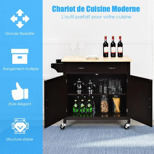 Desserte Cuisine avec 2 Tiroirs et Placard îlot Chariot de Cuisine à Roulettes avec Étagère Réglable/Porte-serviettes Marron