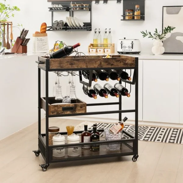 Desserte de Cuisine avec Plateau Amovible Chariot de Bar à roulettes Industriel à 3 Niveaux avec Porte-bouteilles Porte-verres pour Bar Cuisine Brun Rustique