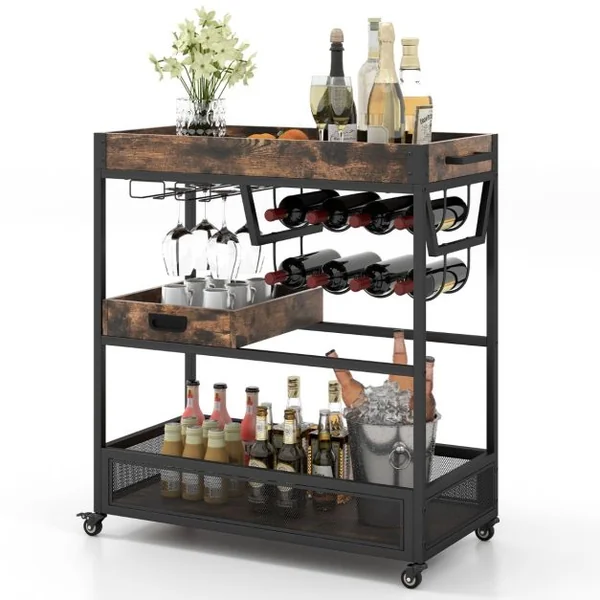 Desserte de Cuisine avec Plateau Amovible Chariot de Bar à roulettes Industriel à 3 Niveaux avec Porte-bouteilles Porte-verres pour Bar Cuisine Brun Rustique
