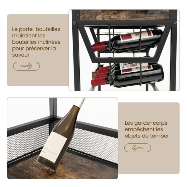 Desserte de Cuisine avec Plateau Amovible Chariot de Bar à roulettes Industriel à 3 Niveaux avec Porte-bouteilles Porte-verres pour Bar Cuisine Brun Rustique