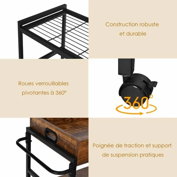 Desserte de Cuisine avec Plateau Amovible Chariot de Service à 3 Niveaux avec Roulettes Verrouillables Style Industriel Café