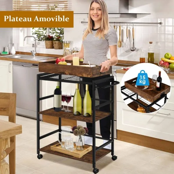 Desserte de Cuisine avec Plateau Amovible Chariot de Service à 3 Niveaux avec Roulettes Verrouillables Style Industriel Café