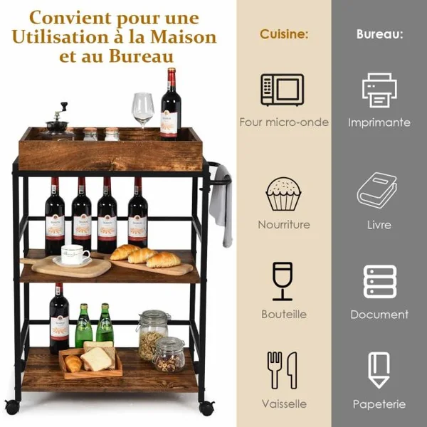 Desserte de Cuisine avec Plateau Amovible Chariot de Service à 3 Niveaux avec Roulettes Verrouillables Style Industriel Café