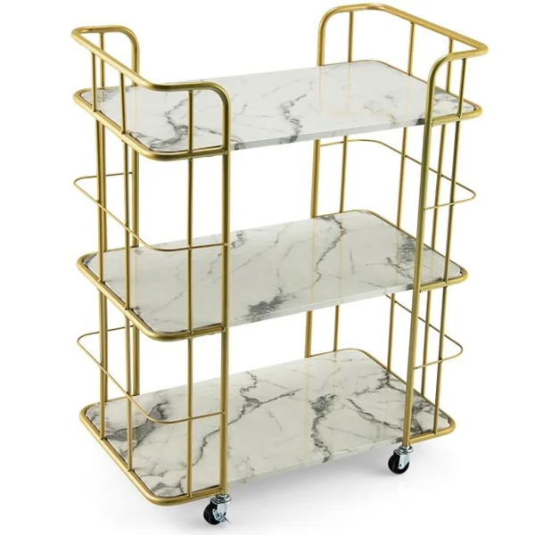 Desserte de Cuisine Imprimée Marbre à 3 Niveaux 66 x 40 x 82 CM Chariot de Service à Roulettes avec Structure en Métal Doré