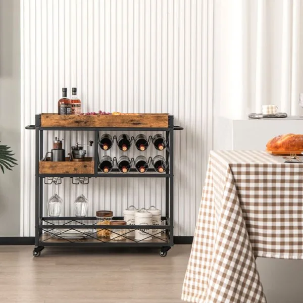 Desserte de Cuisine Industriel 80x40x83 CM Chariot de Service à Roulettes avec Plateau Supérieur Amovible et Casier à Vin