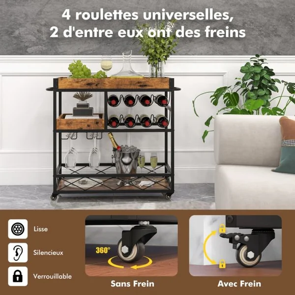 Desserte de Cuisine Industriel 80x40x83 CM Chariot de Service à Roulettes avec Plateau Supérieur Amovible et Casier à Vin