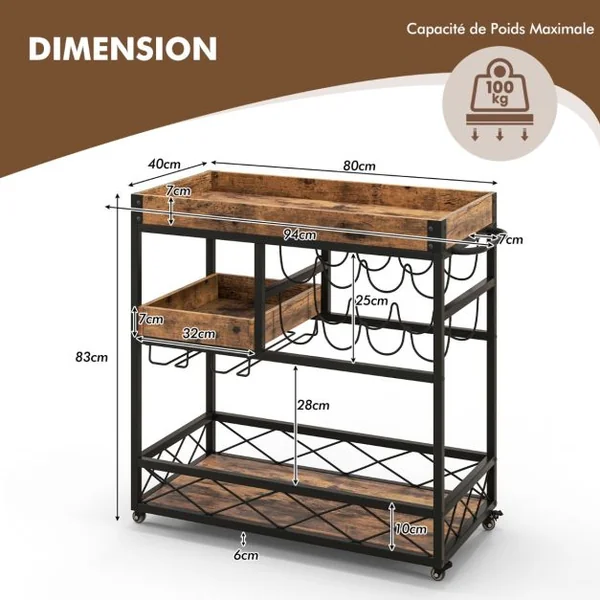 Desserte de Cuisine Industriel 80x40x83 CM Chariot de Service à Roulettes avec Plateau Supérieur Amovible et Casier à Vin