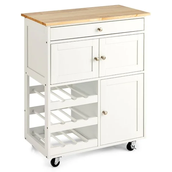 Desserte de Cuisine Roulante Chariot de Service avec 1 Tiroir 2 Armoires 1 Casier à Vin en Bois 67x37x865cm Blanc