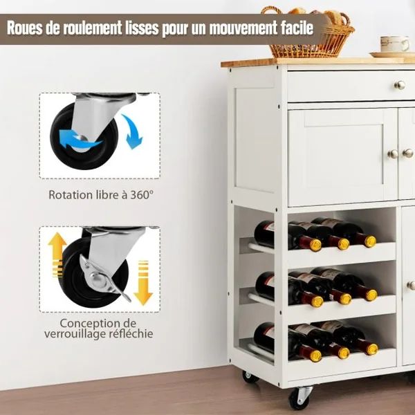 Desserte de Cuisine Roulante Chariot de Service avec 1 Tiroir 2 Armoires 1 Casier à Vin en Bois 67x37x865cm Blanc