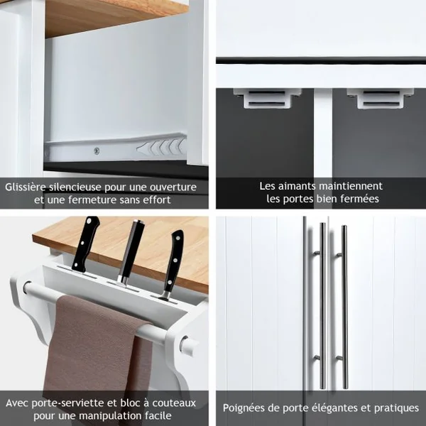 Desserte de Cuisine Roulante Chariot de Service avec 2 Tiroirs 3 Étagères Ajustables en Bois 122x46x923cm Blanc