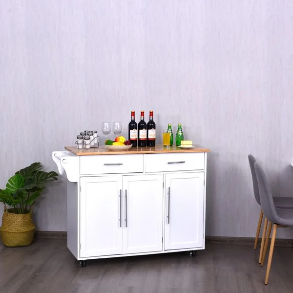 Desserte de Cuisine Roulante Chariot de Service avec 2 Tiroirs 3 Étagères Ajustables en Bois 122x46x923cm Blanc