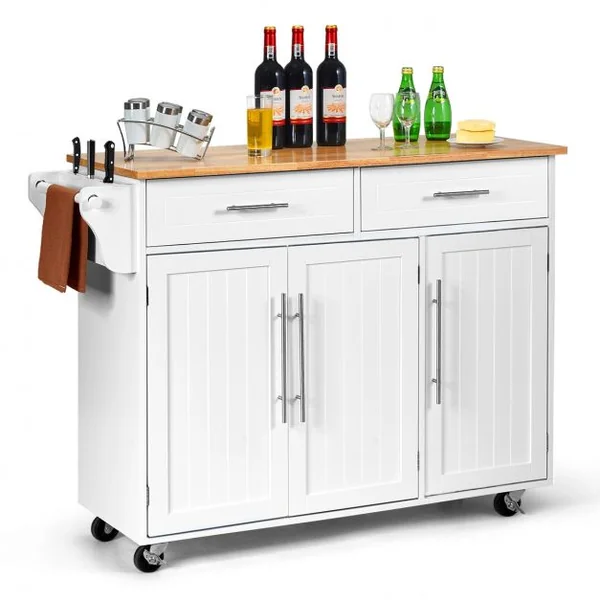 Desserte de Cuisine Roulante Chariot de Service avec 2 Tiroirs 3 Étagères Ajustables en Bois 122x46x923cm Blanc