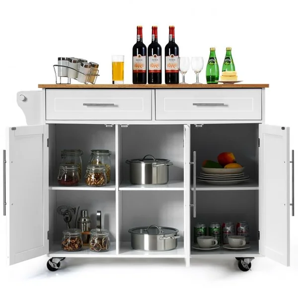 Desserte de Cuisine Roulante Chariot de Service avec 2 Tiroirs 3 Étagères Ajustables en Bois 122x46x923cm Blanc