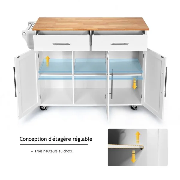 Desserte de Cuisine Roulante Chariot de Service avec 2 Tiroirs 3 Étagères Ajustables en Bois 122x46x923cm Blanc
