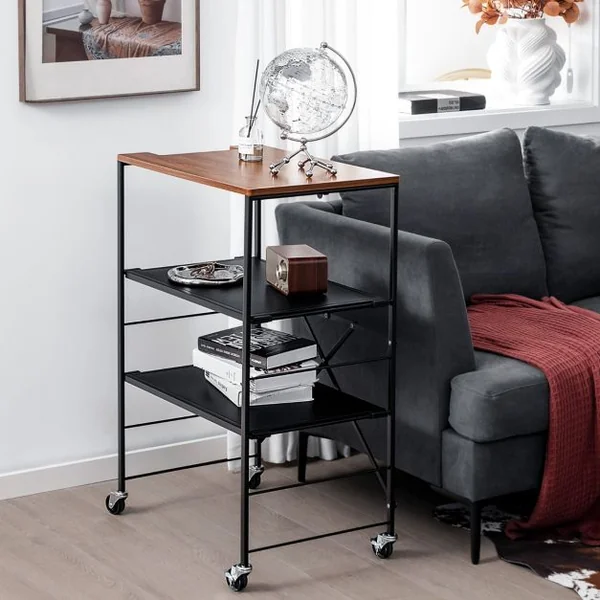Desserte de Cuisine à 3 Niveaux 60 x 40 x 89 CM Chariot de Service avec Étagères Réglables et Structure en Métal Pliable
