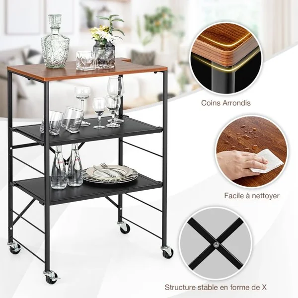 Desserte de Cuisine à 3 Niveaux 60 x 40 x 89 CM Chariot de Service avec Étagères Réglables et Structure en Métal Pliable