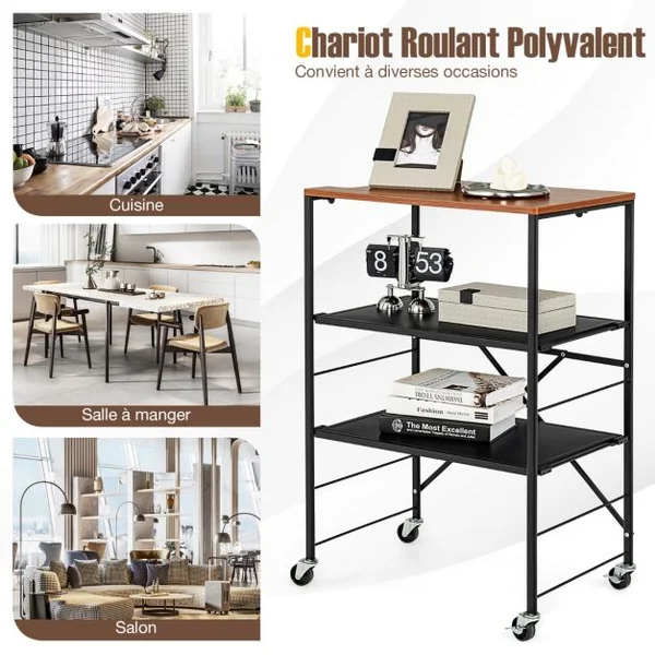 Desserte de Cuisine à 3 Niveaux 60 x 40 x 89 CM Chariot de Service avec Étagères Réglables et Structure en Métal Pliable