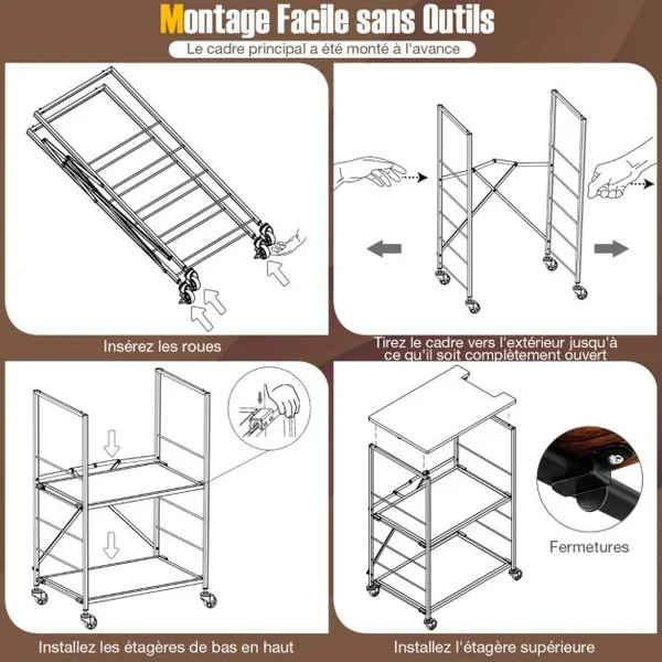 Desserte de Cuisine à 3 Niveaux 60 x 40 x 89 CM Chariot de Service avec Étagères Réglables et Structure en Métal Pliable