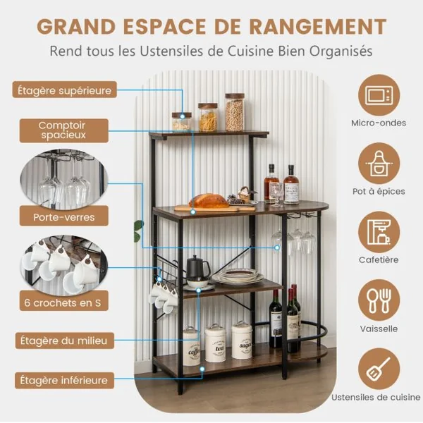 Desserte de Cuisine à 4 Niveaux Support pour Four à Micro-Ondes avec 6 crochets Étagère Supérieure Amovible et Porte-verres Marron