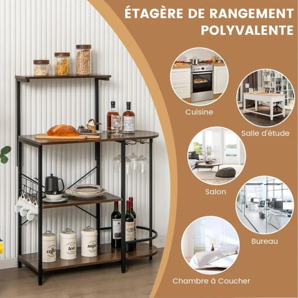 Desserte de Cuisine à 4 Niveaux Support pour Four à Micro-Ondes avec 6 crochets Étagère Supérieure Amovible et Porte-verres Marron